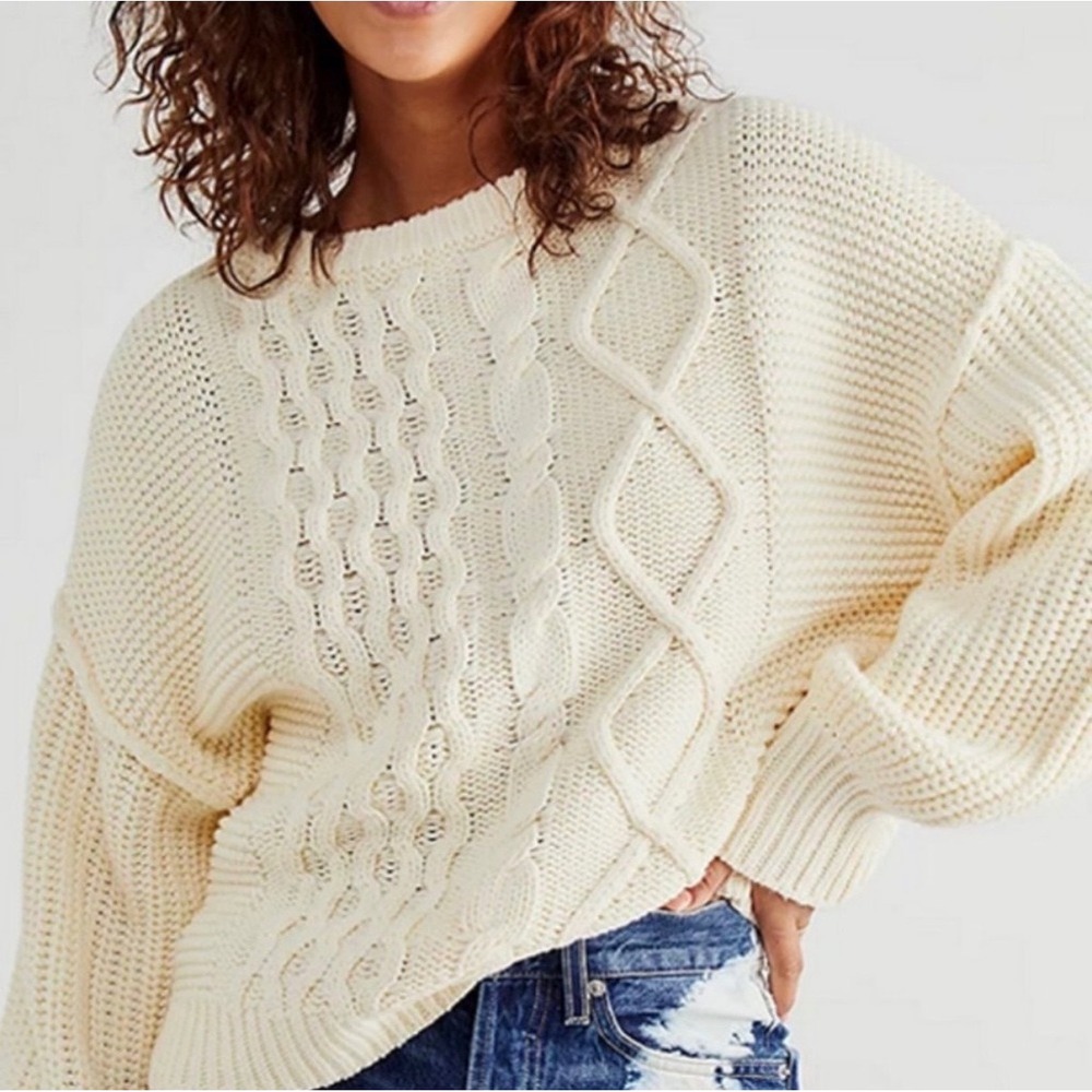 Free People Cream Dream Cable Knit Sweater Crew Neck Long Sleeve Cozy Size Small - Picture 2 of 9